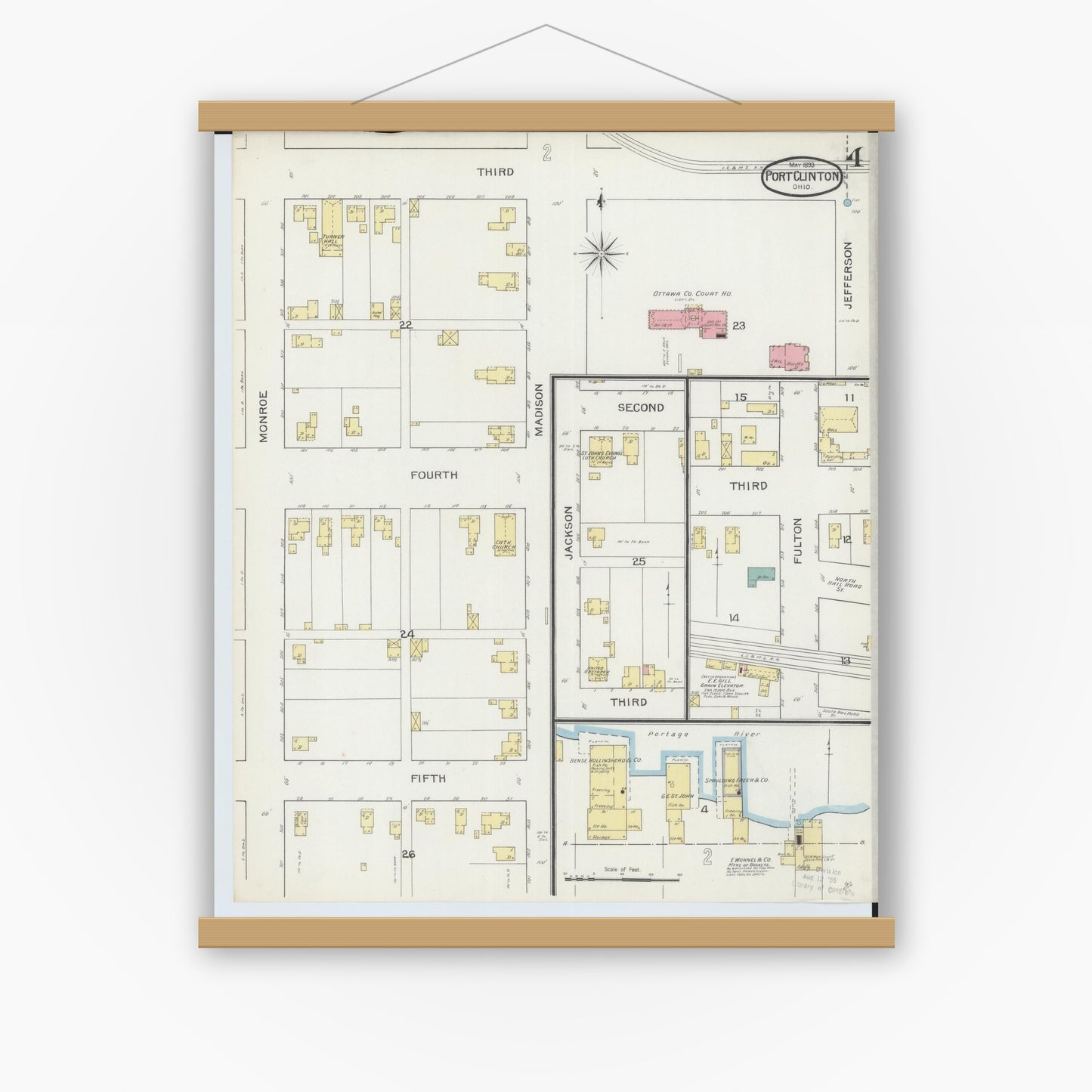Old map wall art mockup — magnetic wood frame on white wall — Sanborn Fire Insurance Map from Port Clinton, Ottawa County, Ohio (1893), Sheet #0004
