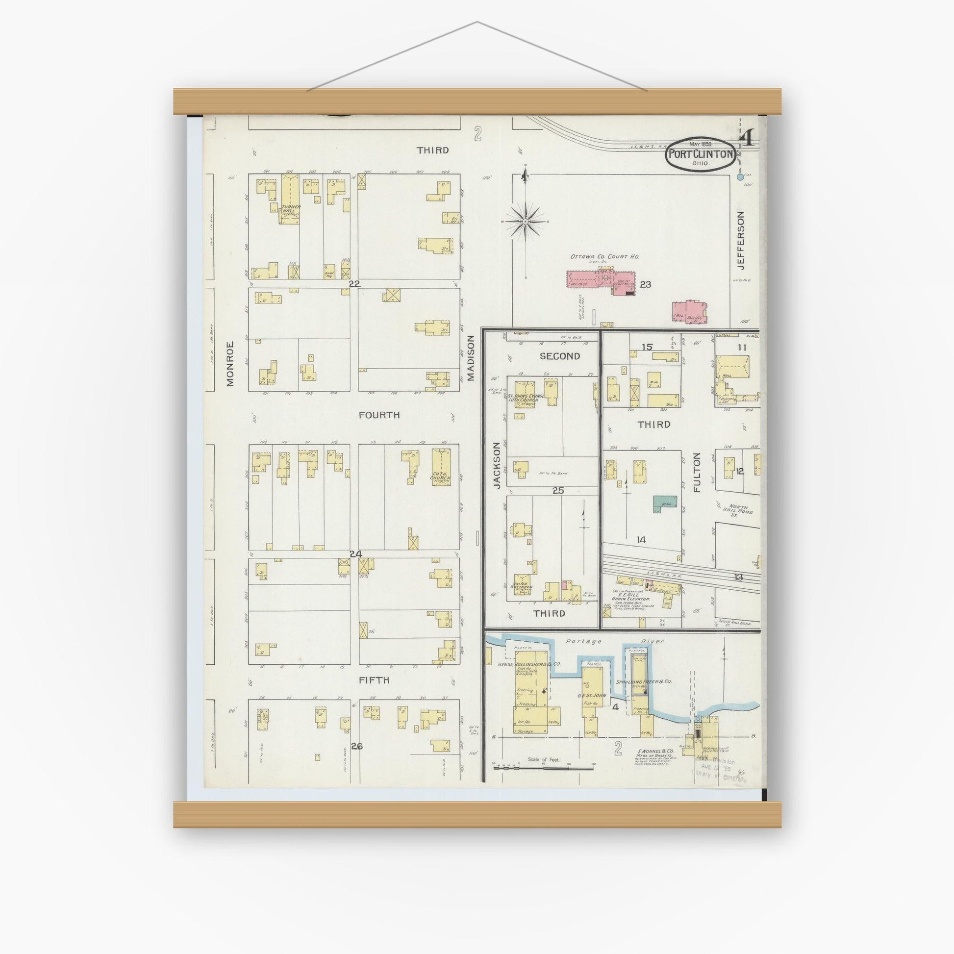 Old map wall art mockup — magnetic wood frame on white wall — Sanborn Fire Insurance Map from Port Clinton, Ottawa County, Ohio (1893), Sheet #0004