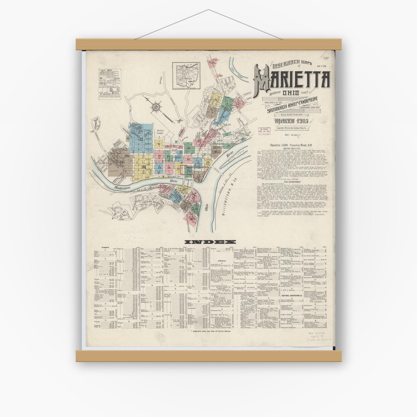 Old map wall art mockup — magnetic wood frame on white wall — Sanborn Fire Insurance Map from Marietta, Washington County, Ohio (1915) - Complete Map Set