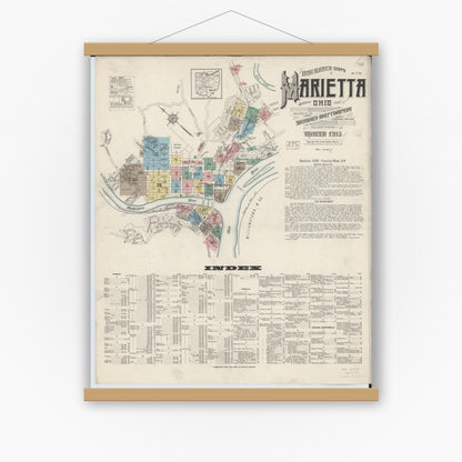 Old map wall art mockup — magnetic wood frame on white wall — Sanborn Fire Insurance Map from Marietta, Washington County, Ohio (1915) - Complete Map Set