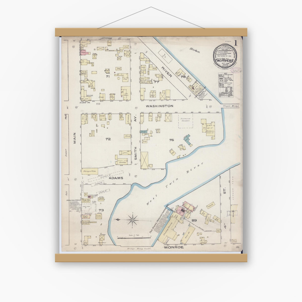 Old map wall art mockup — magnetic wood frame on white wall — Sanborn Fire Insurance Map from Two Rivers, Manitowoc County, Wisconsin (1885) - Complete Map Set