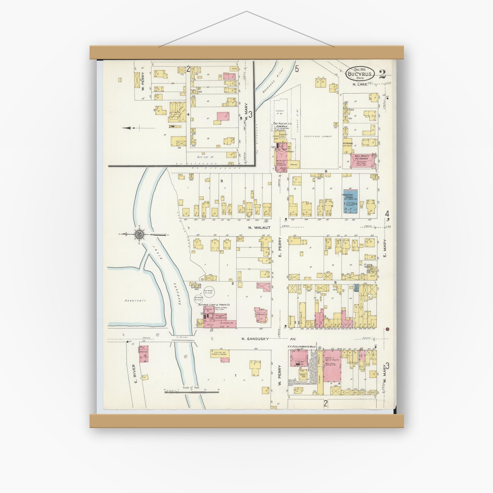 Old map wall art mockup — magnetic wood frame on white wall — Sanborn Fire Insurance Map from Bucyrus, Crawford County, Ohio (1910), Sheet #0002