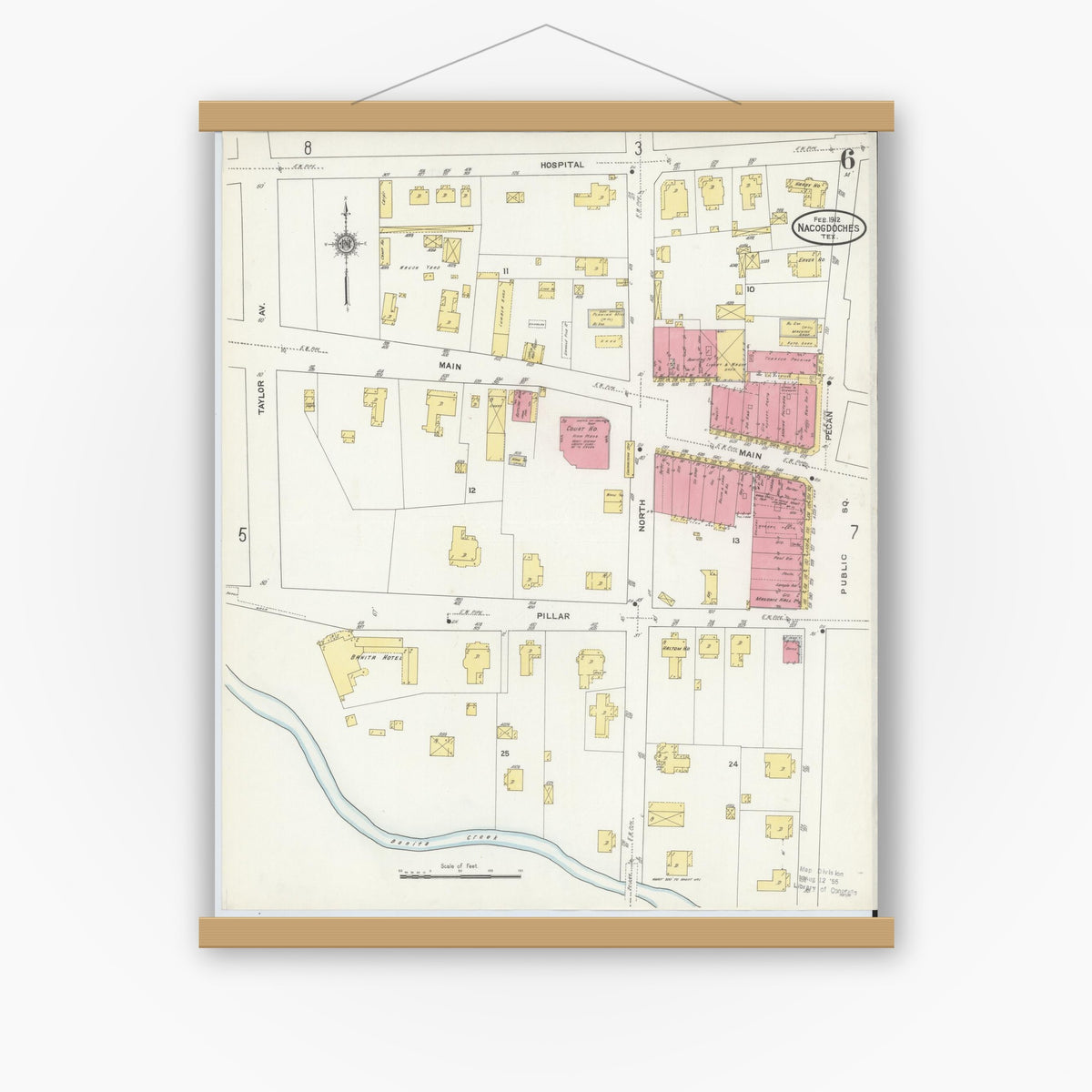 Old map wall art mockup — magnetic wood frame on white wall — Sanborn Fire Insurance Map from Nacogdoches, Nacogdoches County, Texas (1912), Sheet #0006