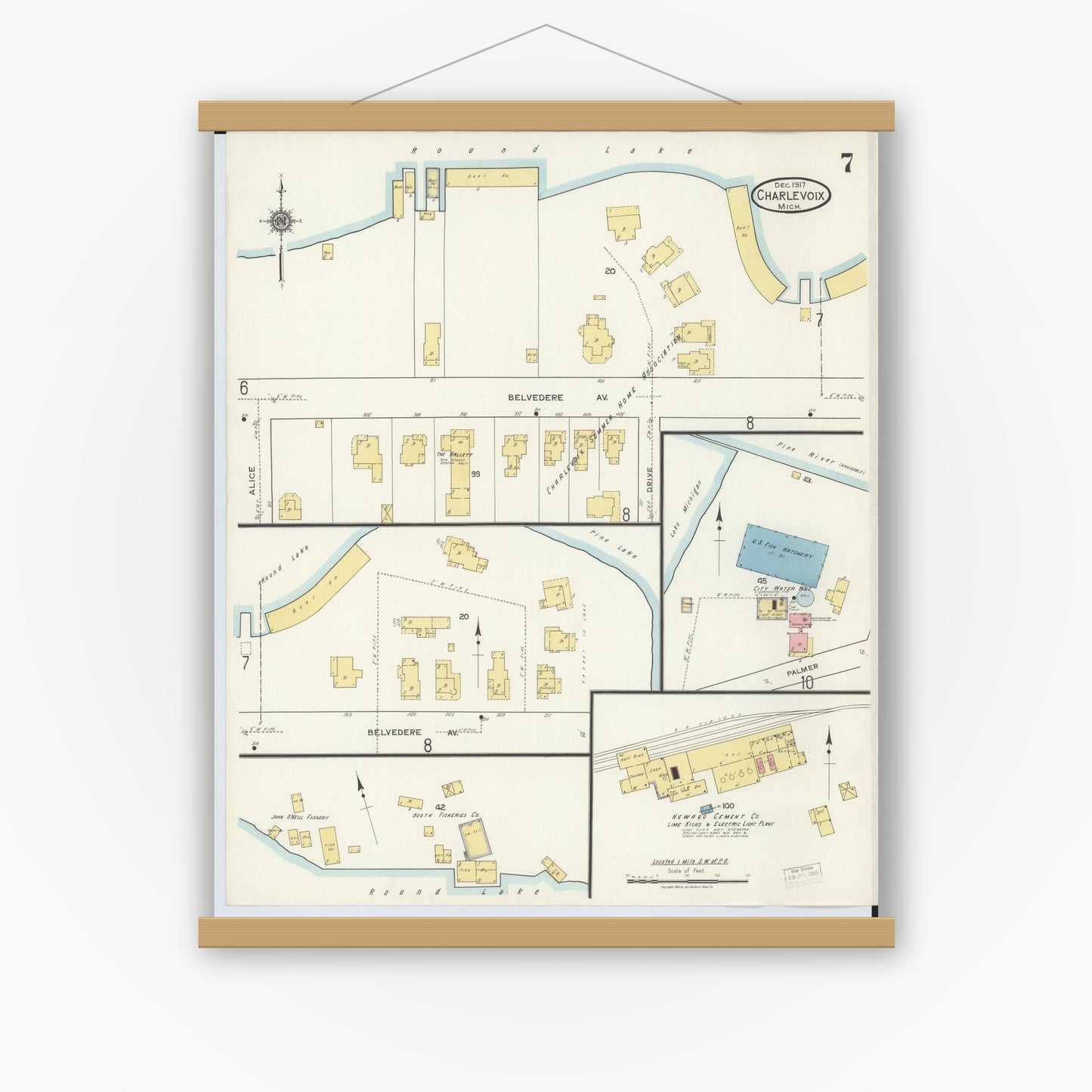 Old map wall art mockup — magnetic wood frame on white wall — Sanborn Fire Insurance Map from Charlevoix, Charlevoix County, Michigan (1917), Sheet #0007