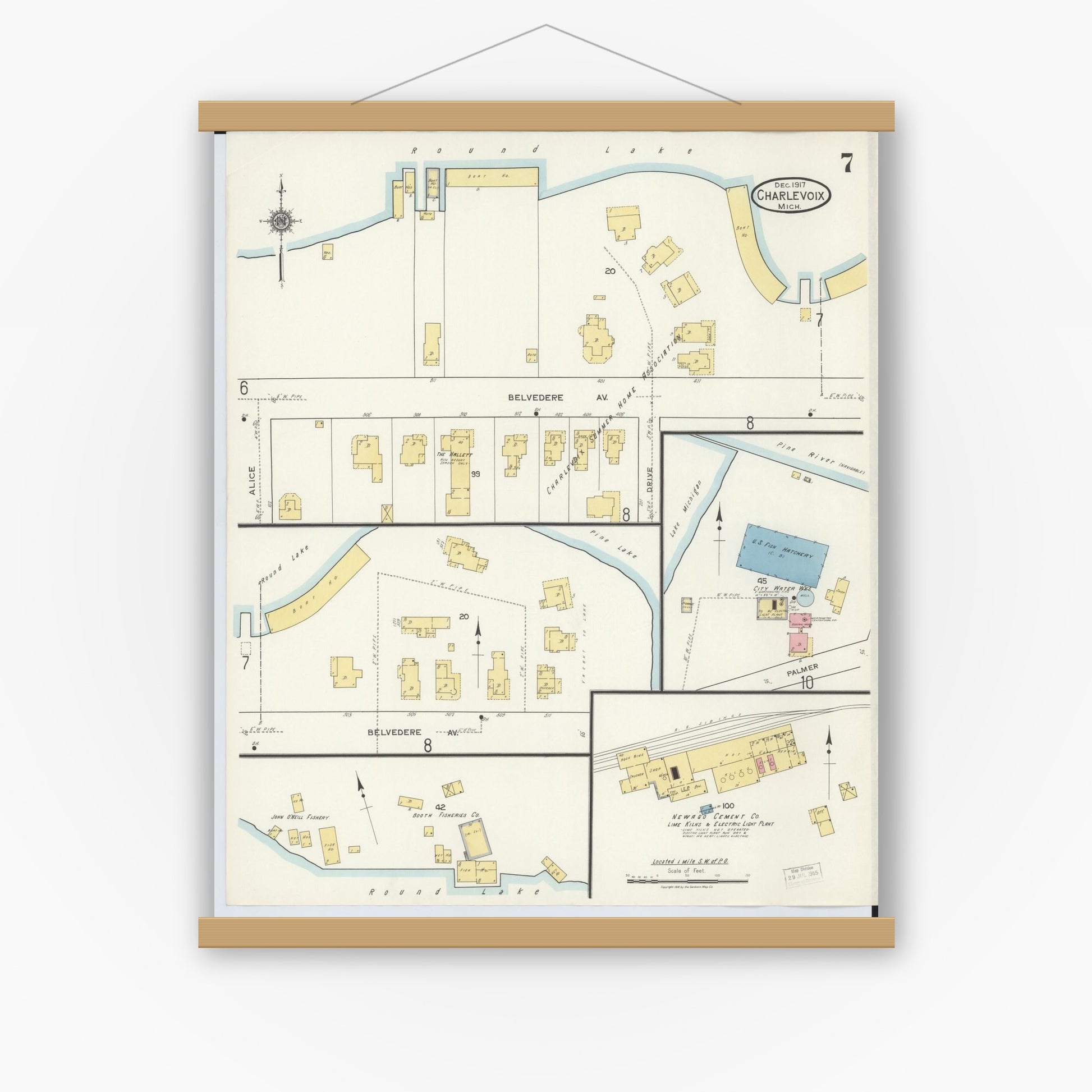 Old map wall art mockup — magnetic wood frame on white wall — Sanborn Fire Insurance Map from Charlevoix, Charlevoix County, Michigan (1917), Sheet #0007