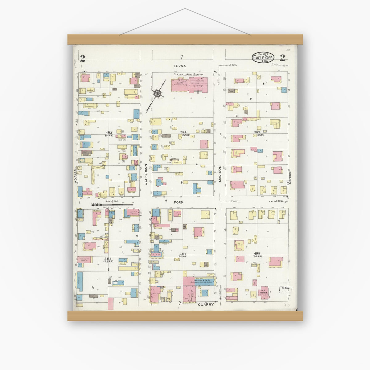 Old map wall art mockup — magnetic wood frame on white wall — Sanborn Fire Insurance Map from Eagle Pass, Maverick County, Texas (1924), Sheet #0002