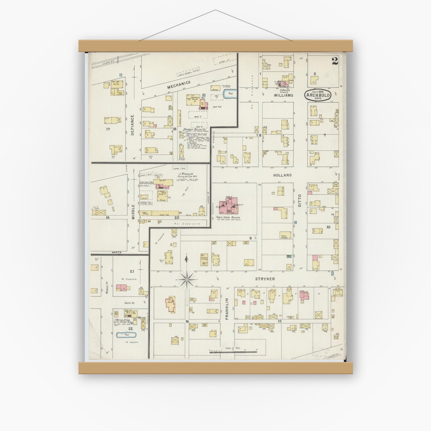 Old map wall art mockup — magnetic wood frame on white wall — Sanborn Fire Insurance Map from Archbold, Fulton County, Ohio (1895), Sheet #0002