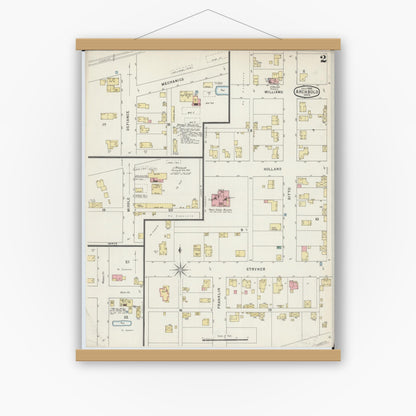 Old map wall art mockup — magnetic wood frame on white wall — Sanborn Fire Insurance Map from Archbold, Fulton County, Ohio (1895), Sheet #0002