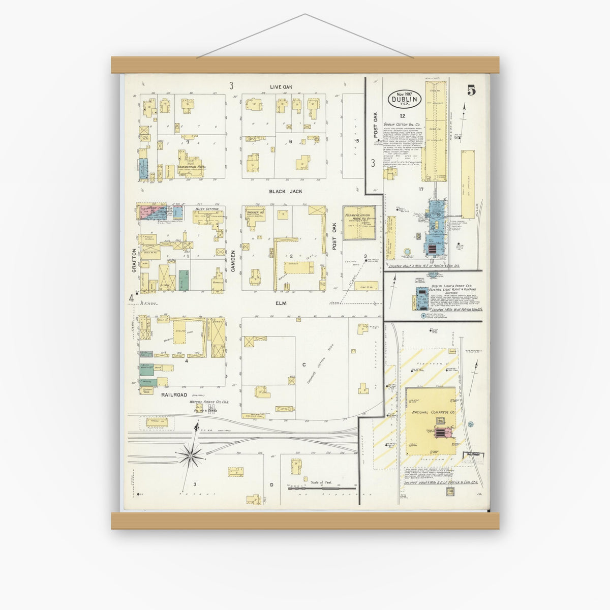 Old map wall art mockup — magnetic wood frame on white wall — Sanborn Fire Insurance Map from Dublin, Erath County, Texas (1907), Sheet #0005