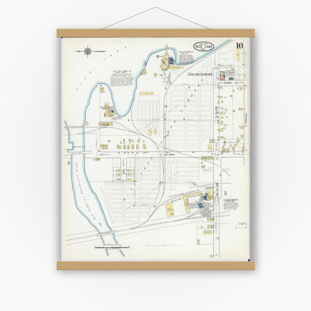 Old map wall art mockup — magnetic wood frame on white wall — Sanborn Fire Insurance Map from Rice Lake, Barron County, Wisconsin (1917), Sheet #0010
