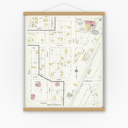 Old map wall art mockup — magnetic wood frame on white wall — Sanborn Fire Insurance Map from Avon, Fulton County, Illinois (1912), Sheet #0003