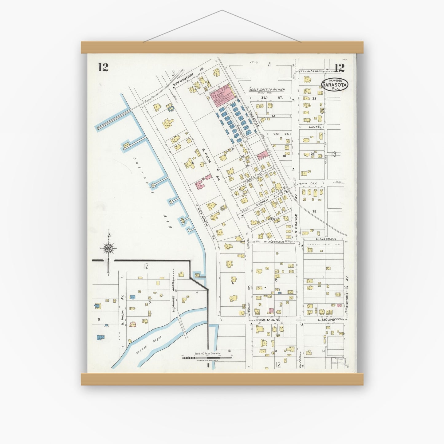 Old map wall art mockup — magnetic wood frame on white wall — Sanborn Fire Insurance Map from Sarasota, Sarasota County, Florida (1925), Sheet #0012
