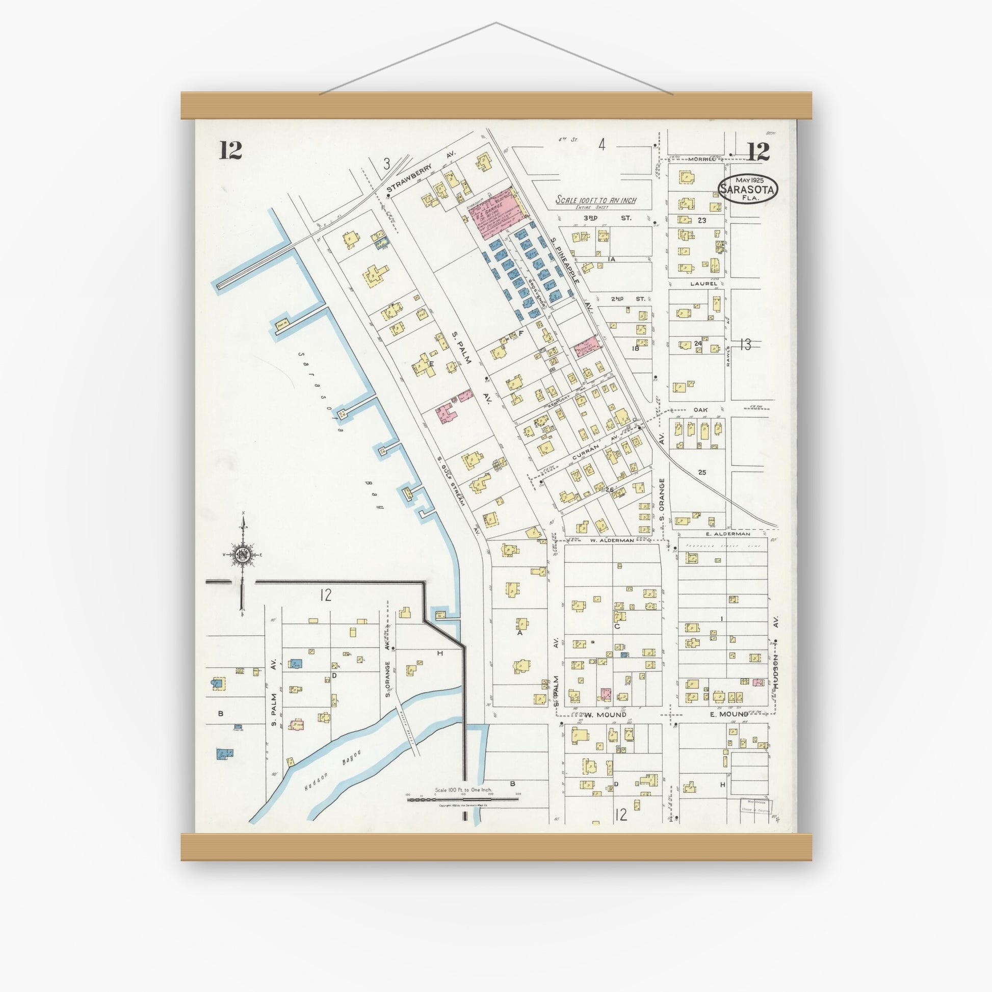 Old map wall art mockup — magnetic wood frame on white wall — Sanborn Fire Insurance Map from Sarasota, Sarasota County, Florida (1925), Sheet #0012
