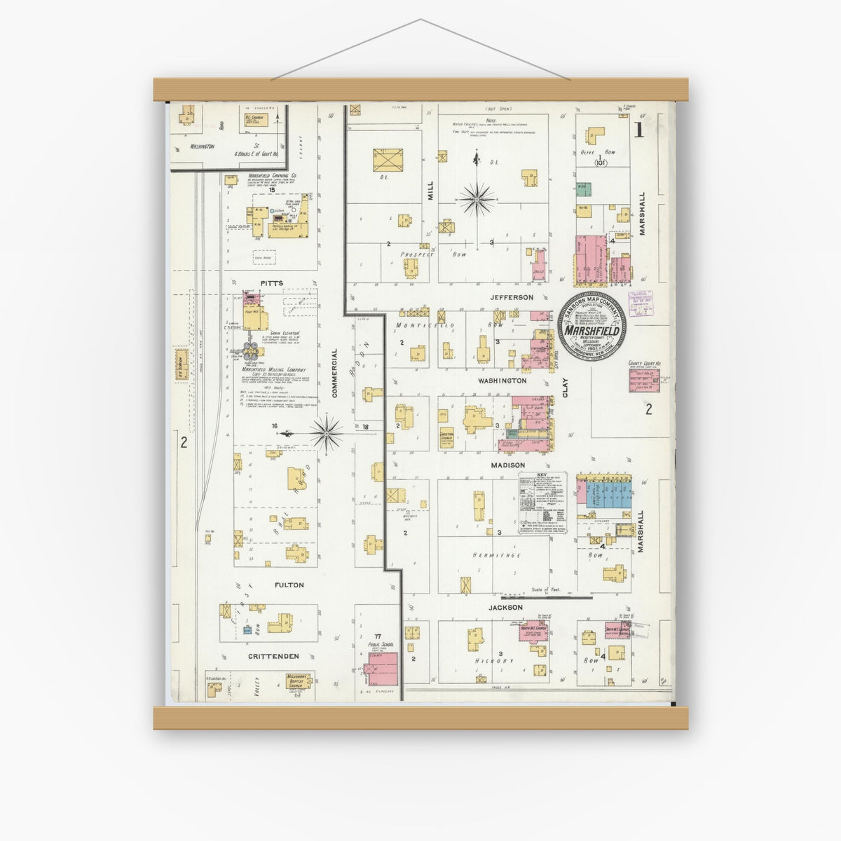 Old map wall art mockup — magnetic wood frame on white wall — Sanborn Fire Insurance Map from Marshfield, Webster County, Missouri (1905), Sheet #0001
