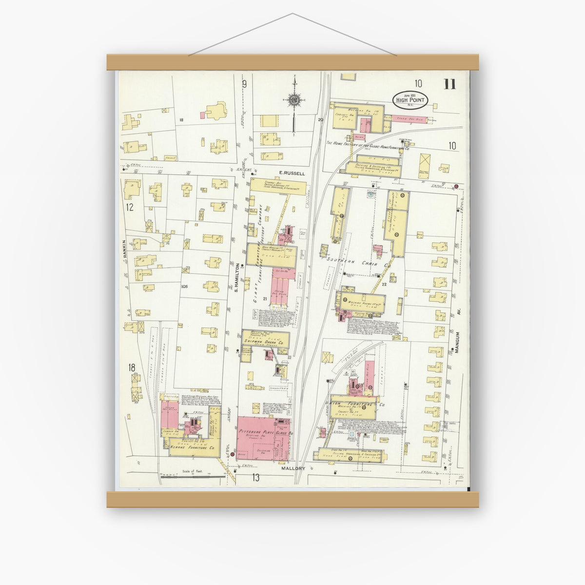 Old map wall art mockup — magnetic wood frame on white wall — Sanborn Fire Insurance Map from High Point, Guilford County, North Carolina (1911), Sheet #0011