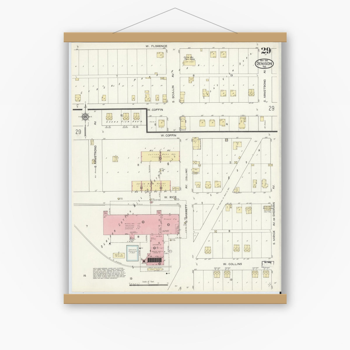 Old map wall art mockup — magnetic wood frame on white wall — Sanborn Fire Insurance Map from Denison, Grayson County, Texas (1914), Sheet #0029
