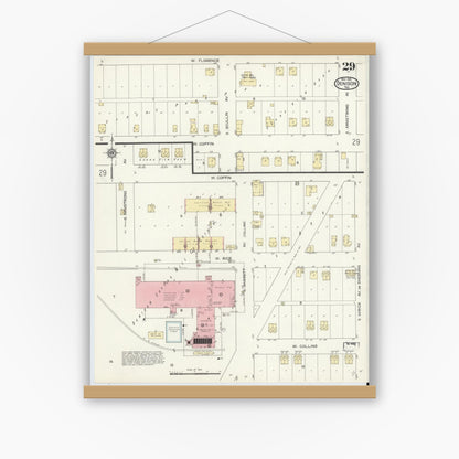 Old map wall art mockup — magnetic wood frame on white wall — Sanborn Fire Insurance Map from Denison, Grayson County, Texas (1914), Sheet #0029