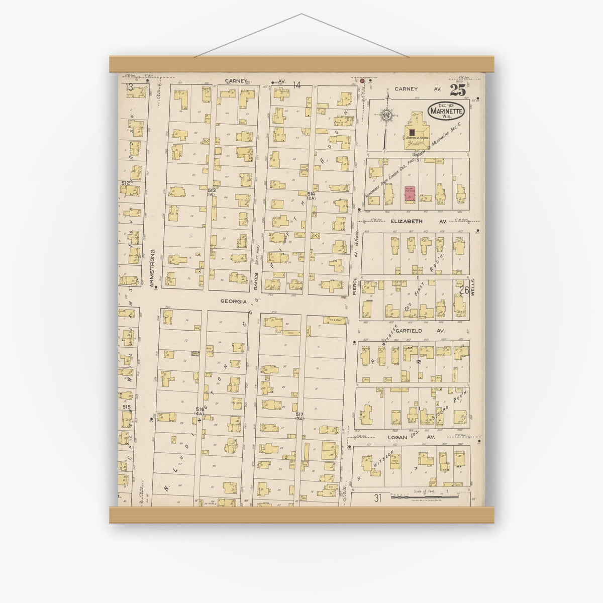 Old map wall art mockup — magnetic wood frame on white wall — Sanborn Fire Insurance Map from Marinette, Marinette County, Wisconsin (1921), Sheet #0025