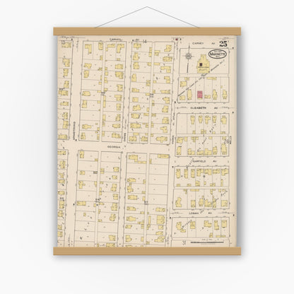 Old map wall art mockup — magnetic wood frame on white wall — Sanborn Fire Insurance Map from Marinette, Marinette County, Wisconsin (1921), Sheet #0025