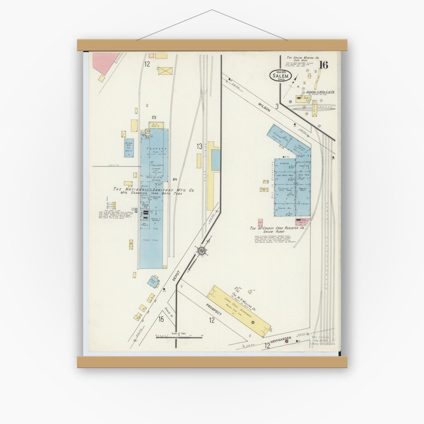 Old map wall art mockup — magnetic wood frame on white wall — Sanborn Fire Insurance Map from Salem, Columbiana County, Ohio (1915), Sheet #0016