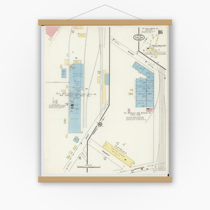 Old map wall art mockup — magnetic wood frame on white wall — Sanborn Fire Insurance Map from Salem, Columbiana County, Ohio (1915), Sheet #0016
