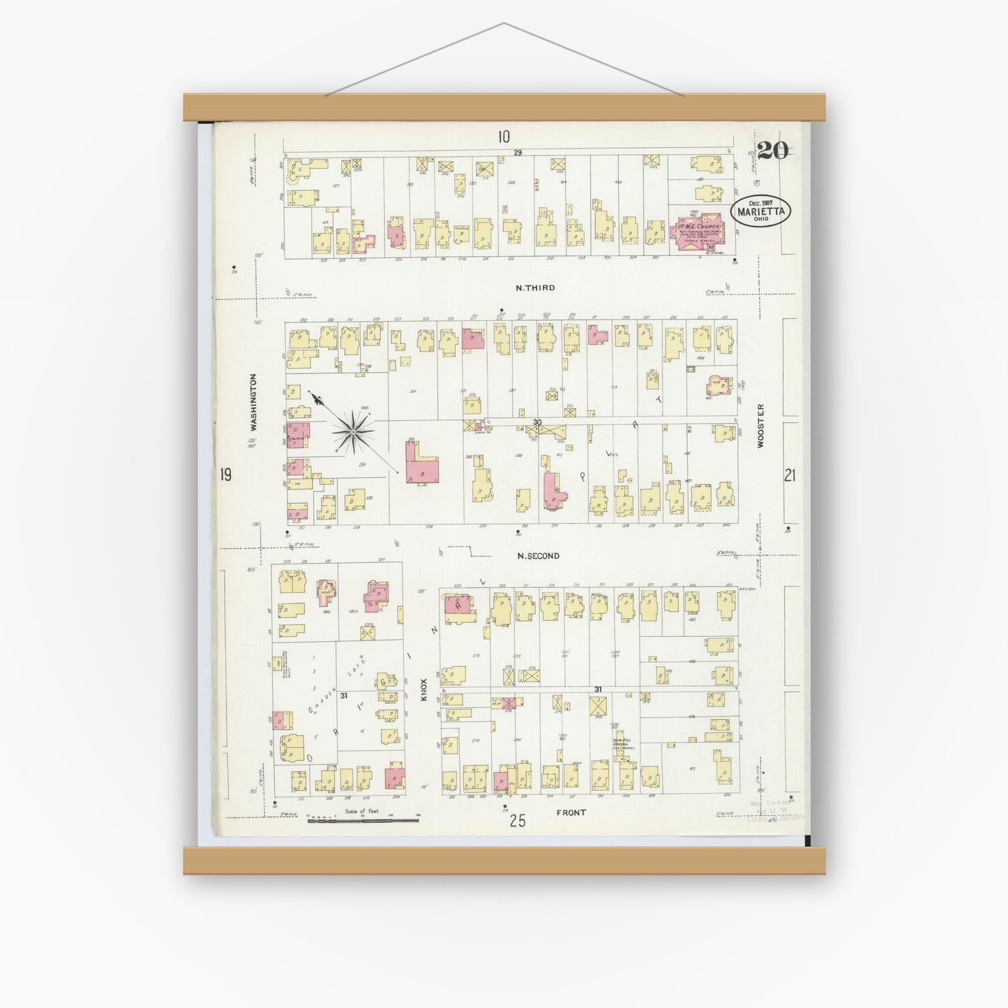 Old map wall art mockup — magnetic wood frame on white wall — Sanborn Fire Insurance Map from Marietta, Washington County, Ohio (1907), Sheet #0020