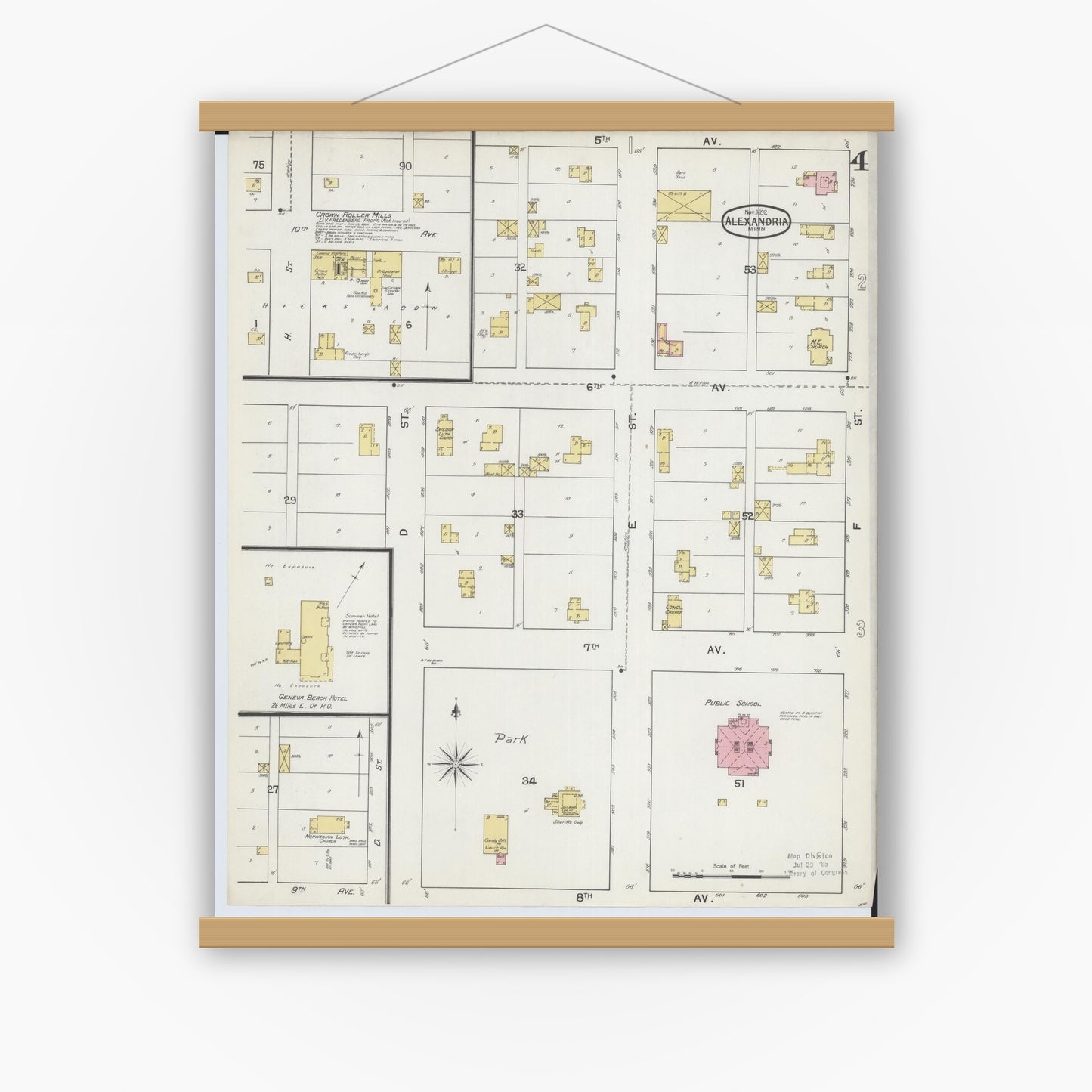 Old map wall art mockup — magnetic wood frame on white wall — Sanborn Fire Insurance Map from Alexandria, Douglas County, Minnesota (1892), Sheet #0004
