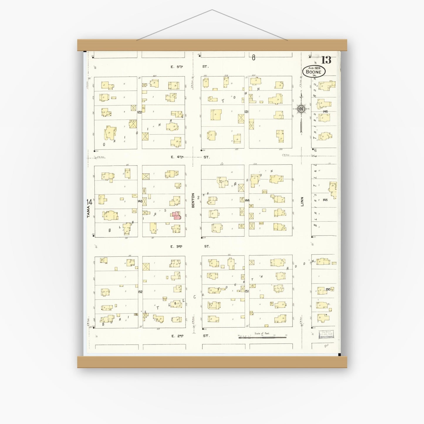 Old map wall art mockup — magnetic wood frame on white wall — Sanborn Fire Insurance Map from Boone, Boone County, Iowa (1909), Sheet #0013