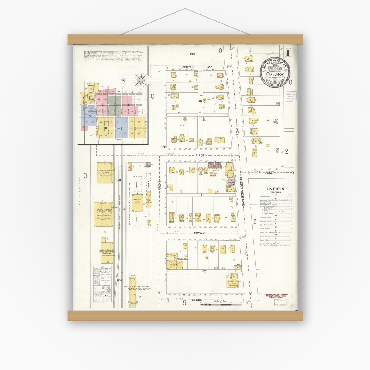Old map wall art mockup — magnetic wood frame on white wall — Sanborn Fire Insurance Map from Covina, Los Angeles County, California (1906), Sheet #0001