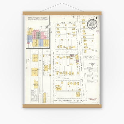 Old map wall art mockup — magnetic wood frame on white wall — Sanborn Fire Insurance Map from Covina, Los Angeles County, California (1906), Sheet #0001