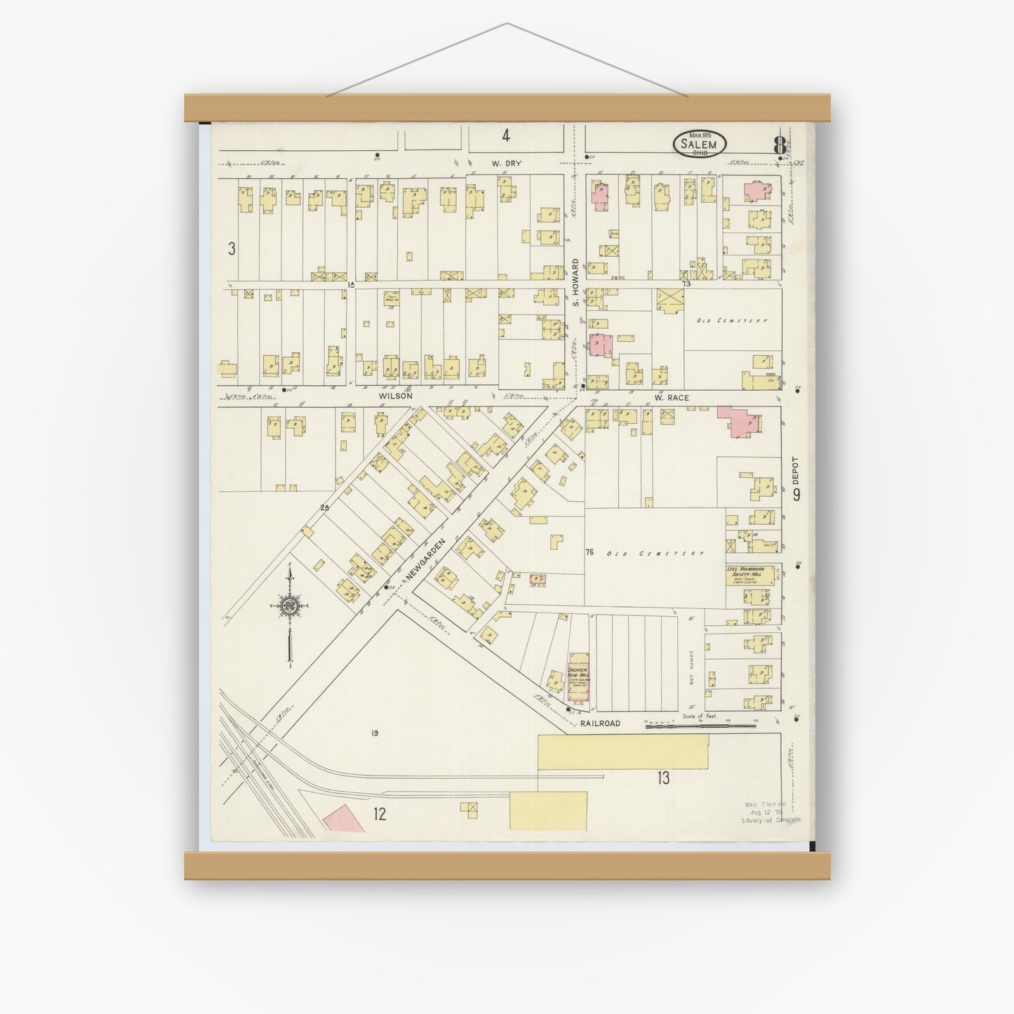 Old map wall art mockup — magnetic wood frame on white wall — Sanborn Fire Insurance Map from Salem, Columbiana County, Ohio (1915), Sheet #0008