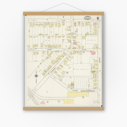 Old map wall art mockup — magnetic wood frame on white wall — Sanborn Fire Insurance Map from Salem, Columbiana County, Ohio (1915), Sheet #0008
