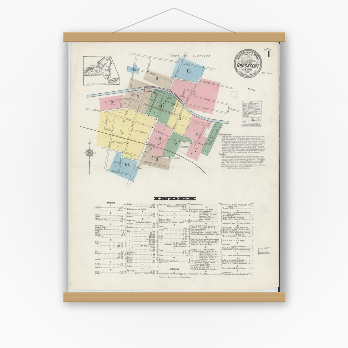 Old map wall art mockup — magnetic wood frame on white wall — Sanborn Fire Insurance Map from Brockport, Monroe County, New York (1914), Sheet #0001
