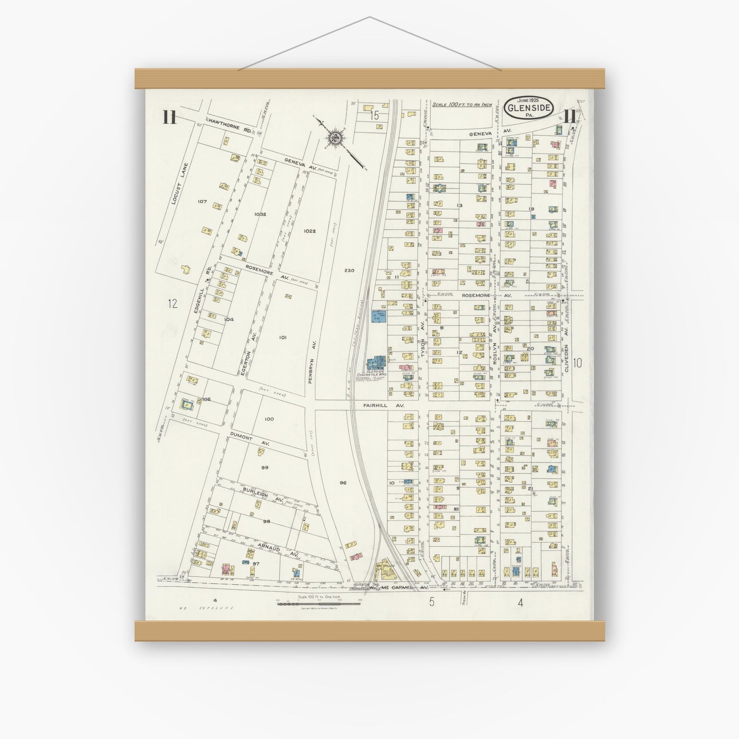 Old map wall art mockup — magnetic wood frame on white wall — Sanborn Fire Insurance Map from Glenside, Montgomery County, Pennsylvania (1925), Sheet #0011