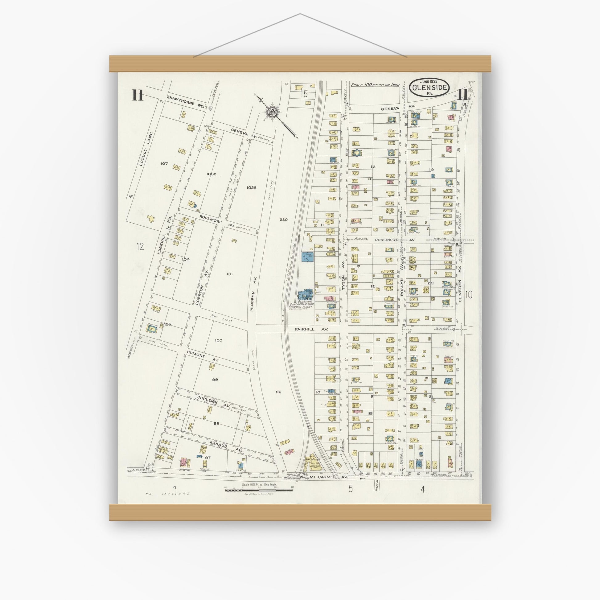 Old map wall art mockup — magnetic wood frame on white wall — Sanborn Fire Insurance Map from Glenside, Montgomery County, Pennsylvania (1925), Sheet #0011