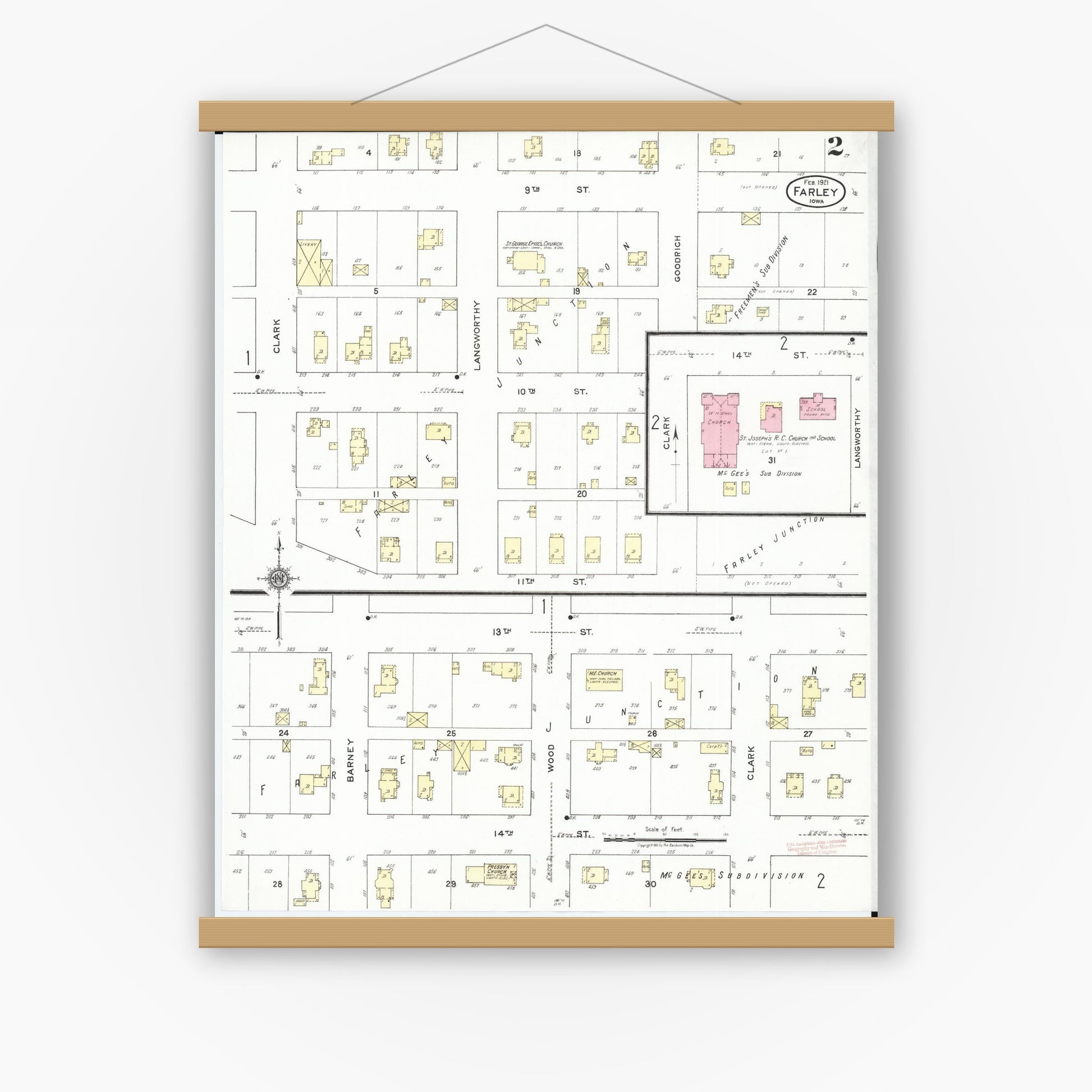 Old map wall art mockup — magnetic wood frame on white wall — Sanborn Fire Insurance Map from Farley, Dubuque County, Iowa (1921), Sheet #0002