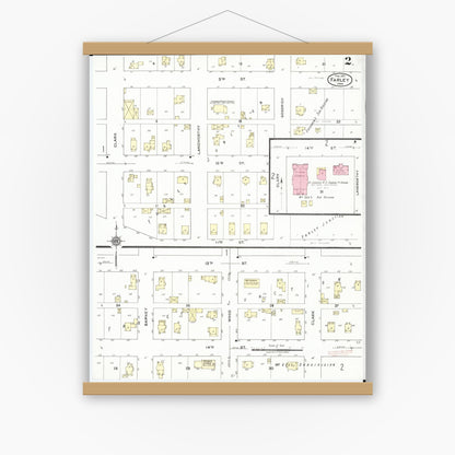 Old map wall art mockup — magnetic wood frame on white wall — Sanborn Fire Insurance Map from Farley, Dubuque County, Iowa (1921), Sheet #0002