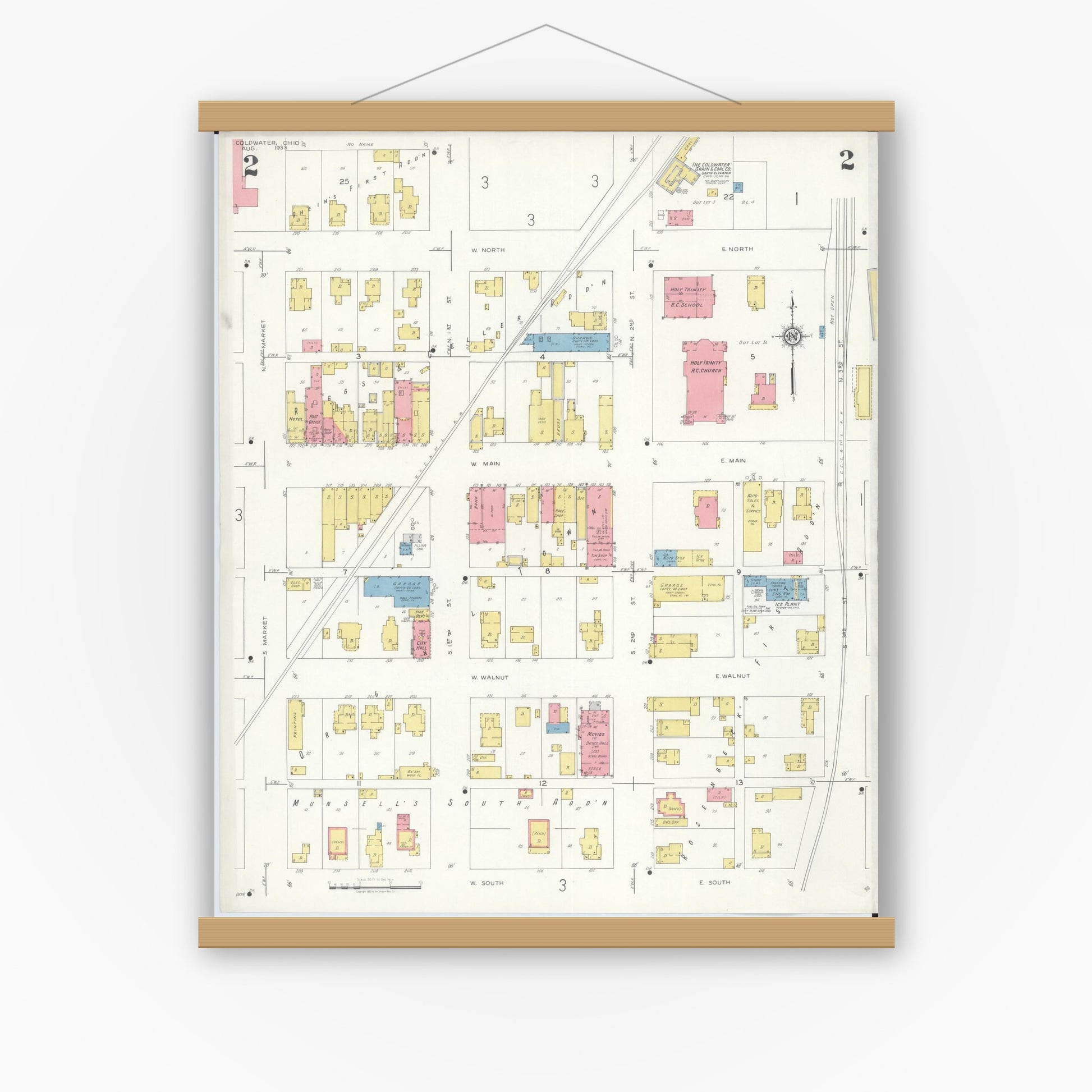 Old map wall art mockup — magnetic wood frame on white wall — Sanborn Fire Insurance Map from Cold Water, Mercer County, Ohio (1933), Sheet #0002