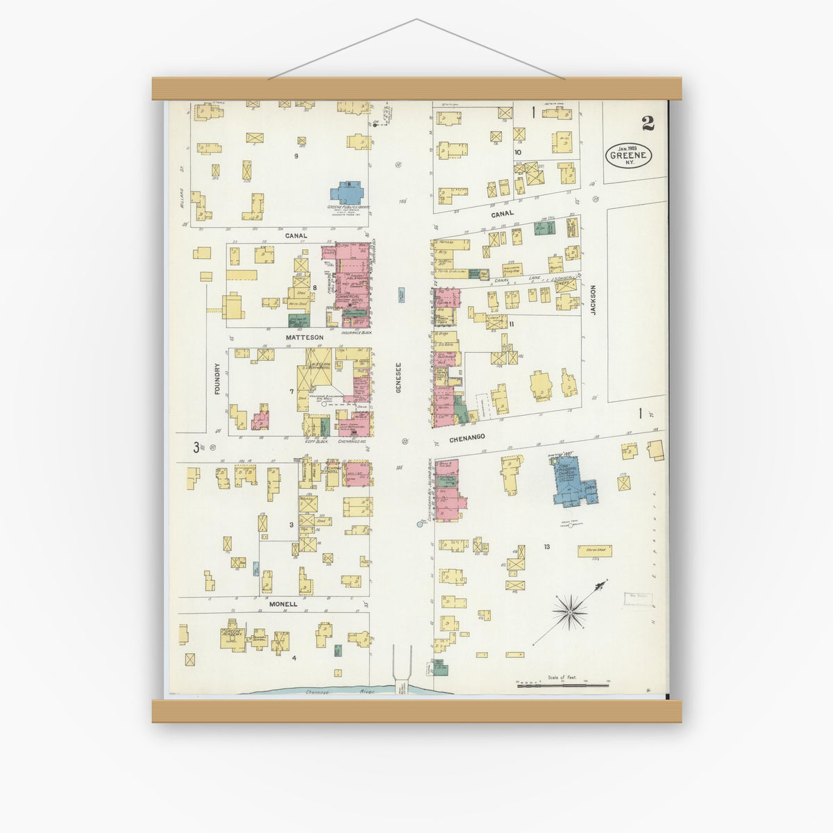 Old map wall art mockup — magnetic wood frame on white wall — Sanborn Fire Insurance Map from Greene, Chenango County, New York (1903), Sheet #0002