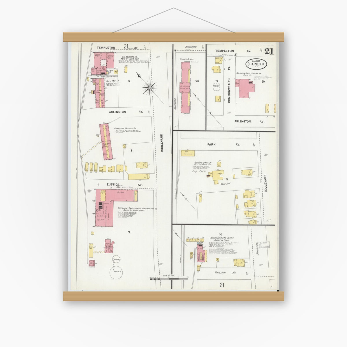 Old map wall art mockup — magnetic wood frame on white wall — Sanborn Fire Insurance Map from Charlotte, Mecklenburg County, North Carolina (1900), Sheet #0021