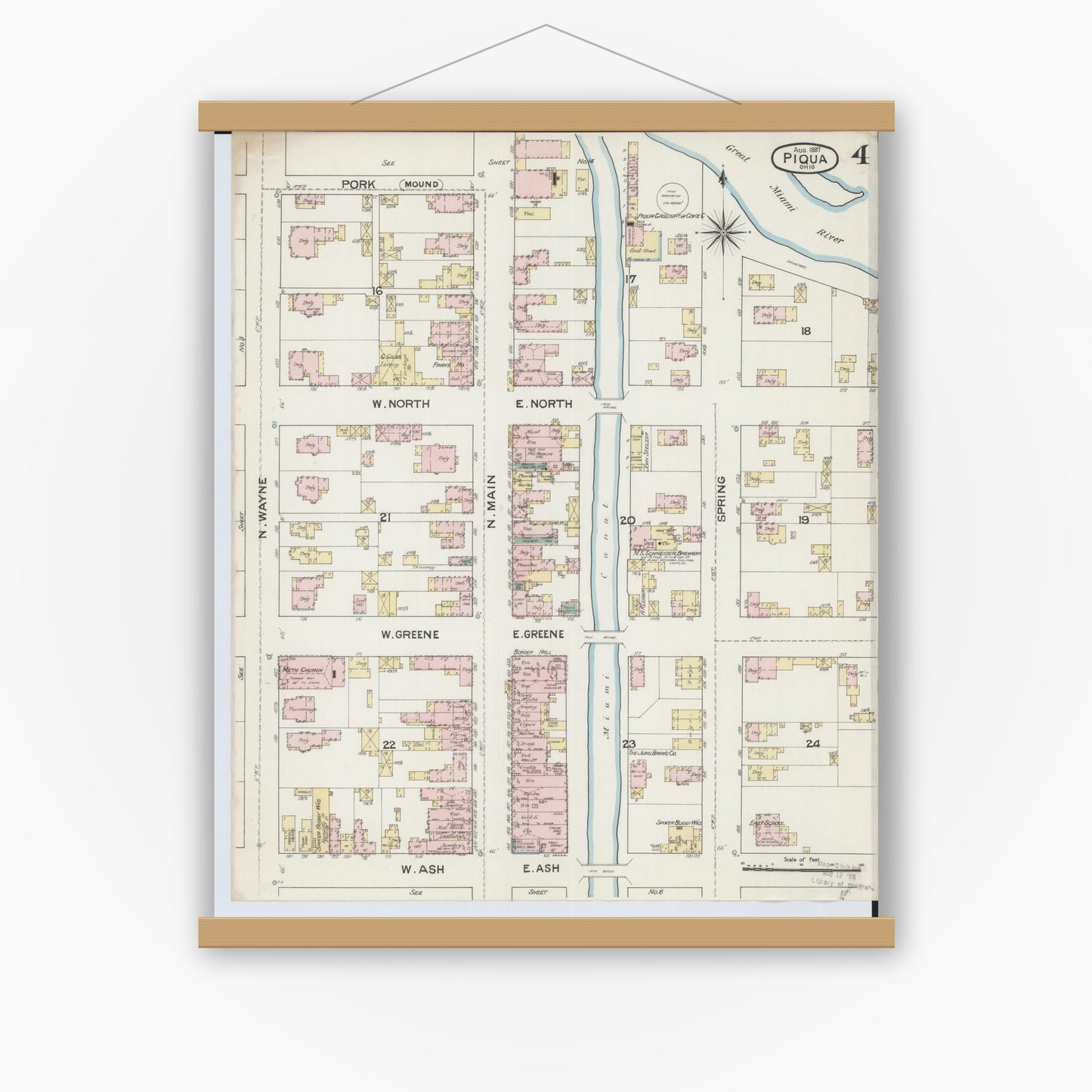 Old map wall art mockup — magnetic wood frame on white wall — Sanborn Fire Insurance Map from Piqua, Miami County, Ohio (1887), Sheet #0004
