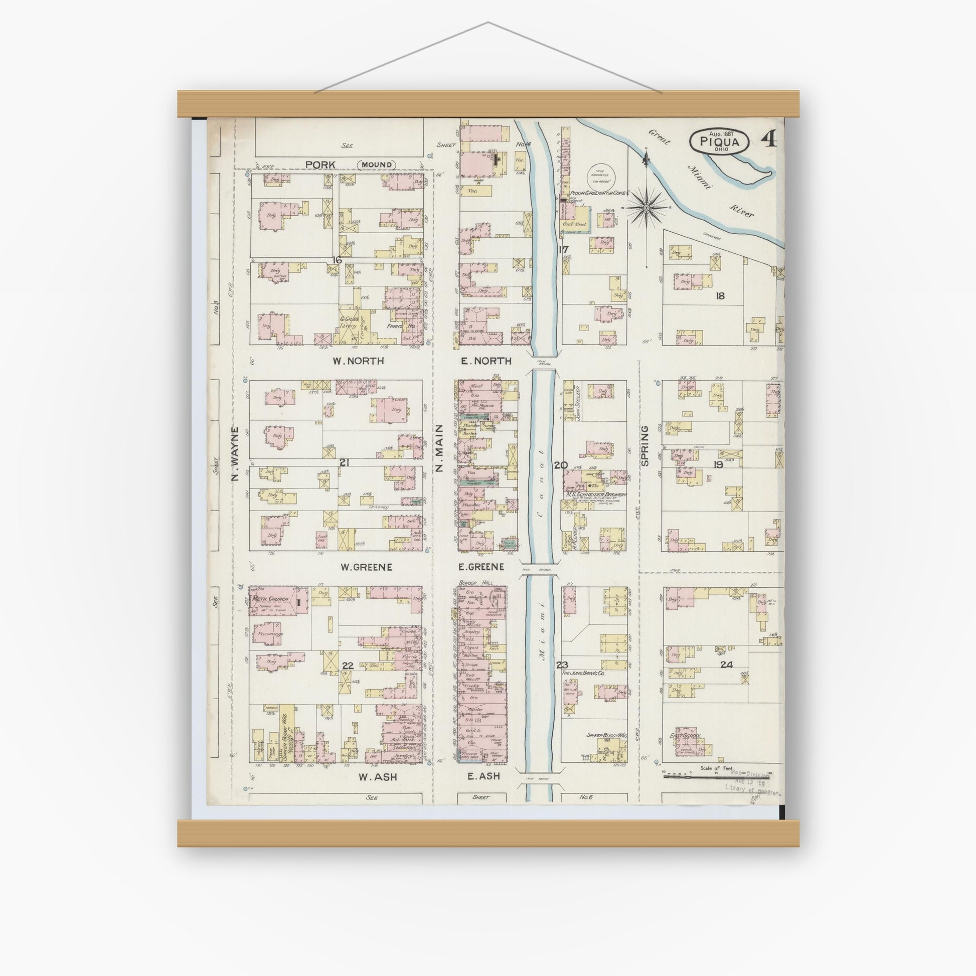 Old map wall art mockup — magnetic wood frame on white wall — Sanborn Fire Insurance Map from Piqua, Miami County, Ohio (1887), Sheet #0004