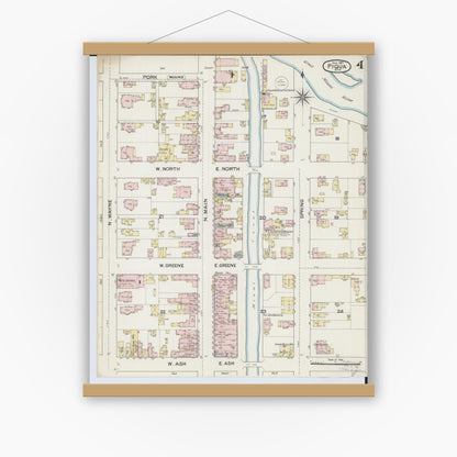 Old map wall art mockup — magnetic wood frame on white wall — Sanborn Fire Insurance Map from Piqua, Miami County, Ohio (1887), Sheet #0004
