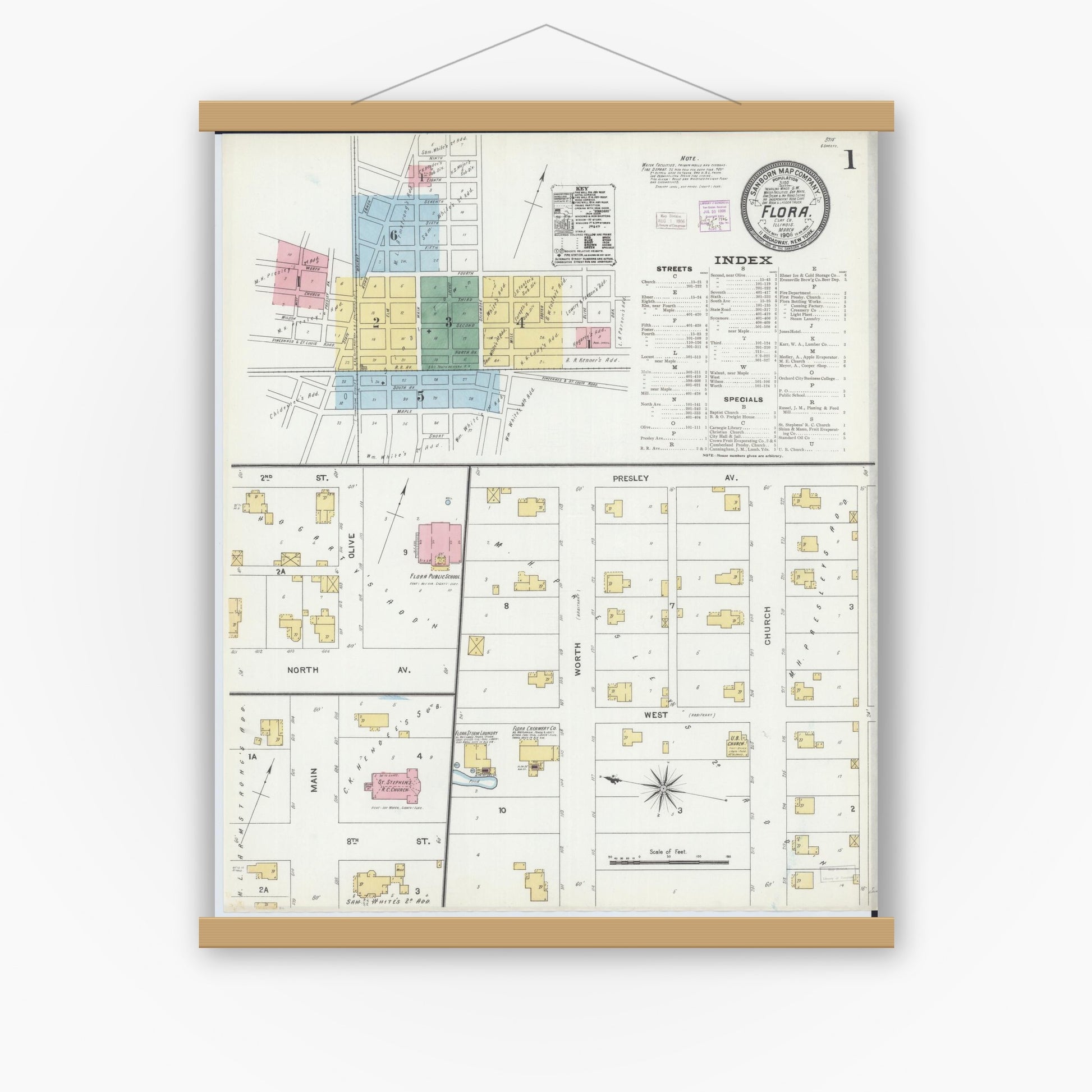 Old map wall art mockup — magnetic wood frame on white wall — Sanborn Fire Insurance Map from Flora, Clay County, Illinois (1906), Sheet #0001