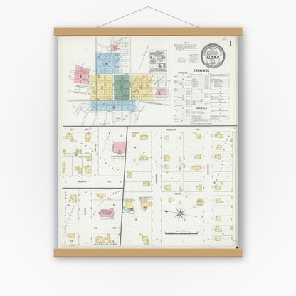 Old map wall art mockup — magnetic wood frame on white wall — Sanborn Fire Insurance Map from Flora, Clay County, Illinois (1906), Sheet #0001