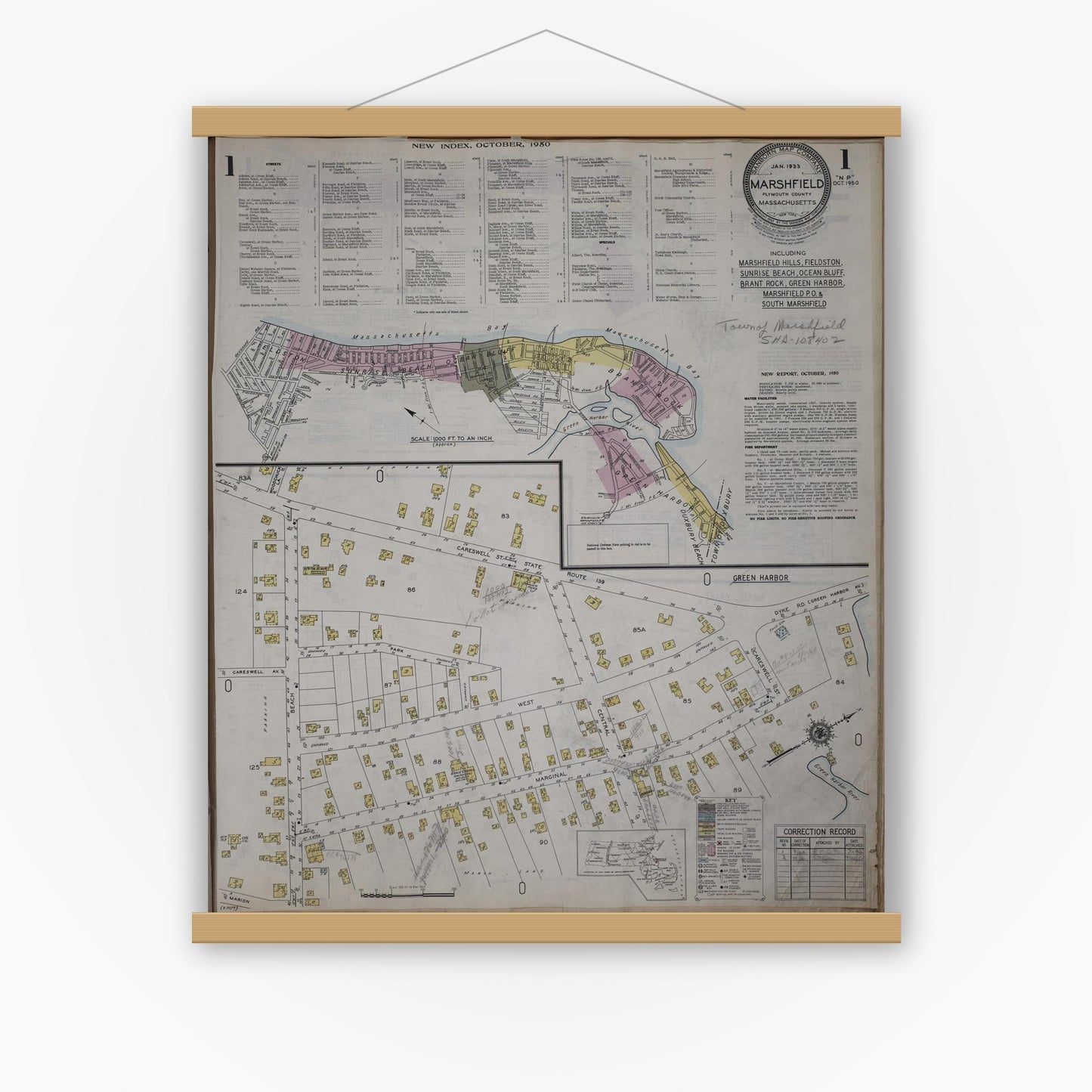 Old map wall art mockup — magnetic wood frame on white wall — Sanborn Fire Insurance Map from Marshfield, Plymouth County, Massachusetts (1950) - Complete Map Set
