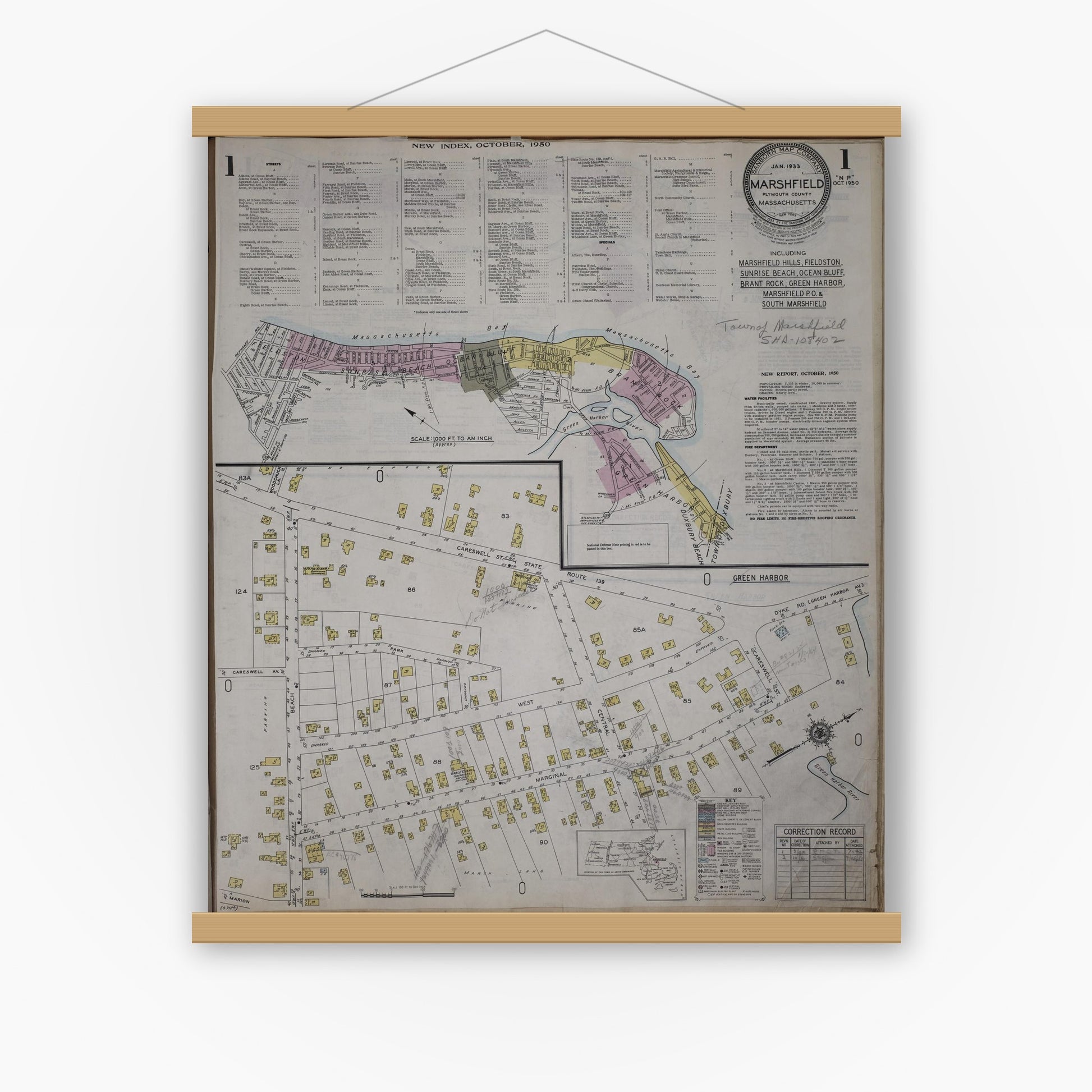 Old map wall art mockup — magnetic wood frame on white wall — Sanborn Fire Insurance Map from Marshfield, Plymouth County, Massachusetts (1950) - Complete Map Set