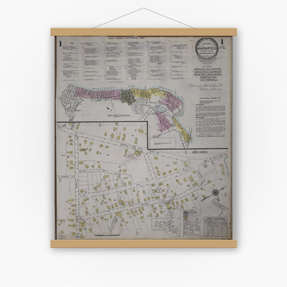 Old map wall art mockup — magnetic wood frame on white wall — Sanborn Fire Insurance Map from Marshfield, Plymouth County, Massachusetts (1950) - Complete Map Set