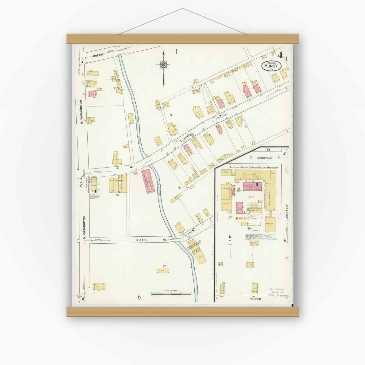 Old map wall art mockup — magnetic wood frame on white wall — Sanborn Fire Insurance Map from Muncy, Lycoming County, Pennsylvania (1916), Sheet #0004