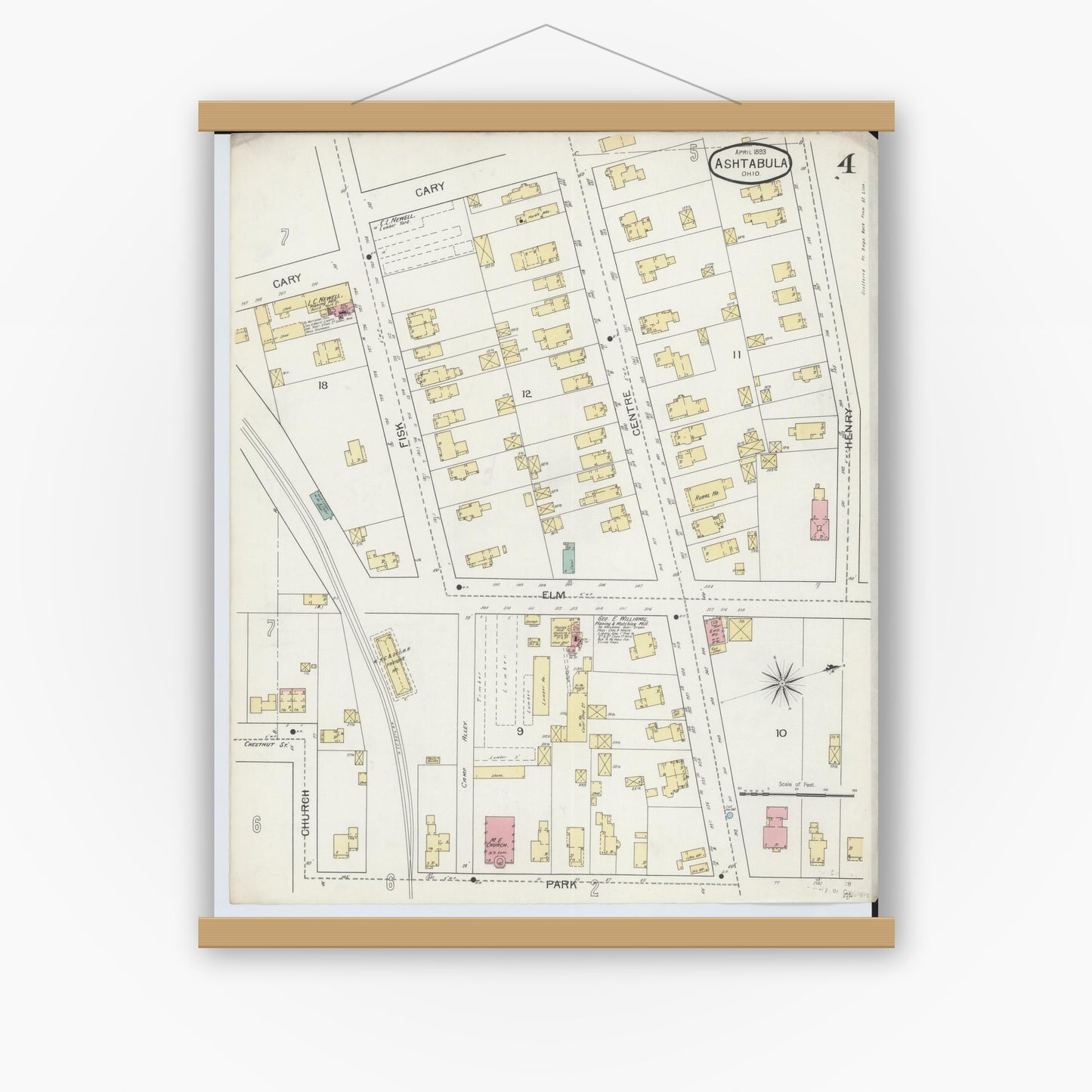 Old map wall art mockup — magnetic wood frame on white wall — Sanborn Fire Insurance Map from Ashtabula, Ashtabula County, Ohio (1893), Sheet #0004